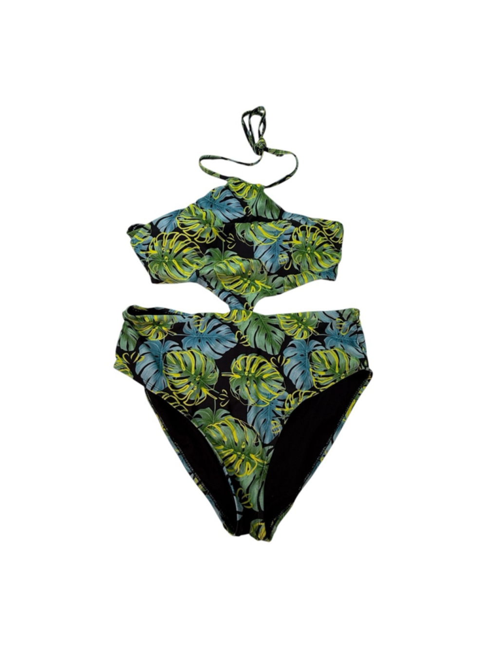 GO.COCO XL Tropical Leaf Monokini Swimsuit Black Green Cutout Halter One Piece